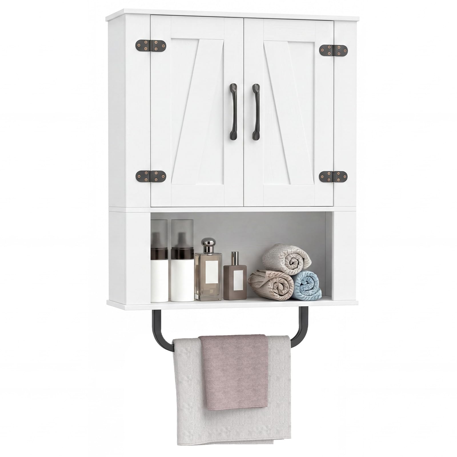 Tangkula Bathroom Wall Cabinet with 2 Barn Doors & Metal Towel Bar
